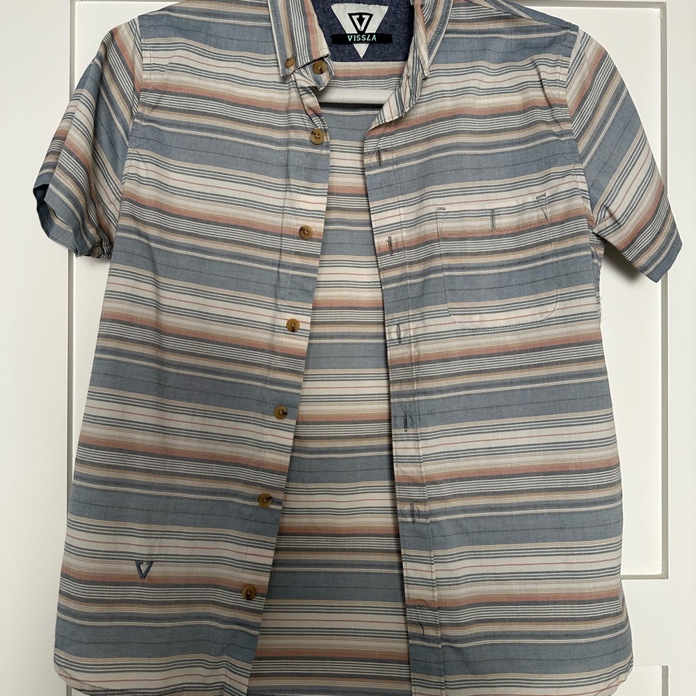 Vissla Boys Striped Short Sleeve Shirt - Blue and Brown